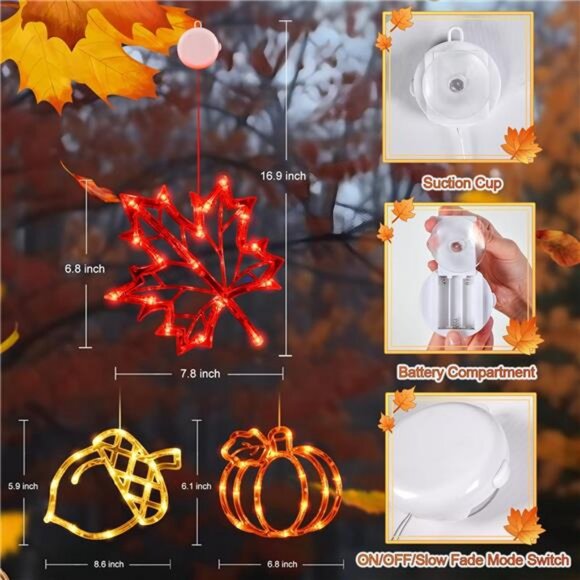 Fall Decor Window Lights 2025 Thanksgiving Decorations Acorn Maple - Picture 2 of 7